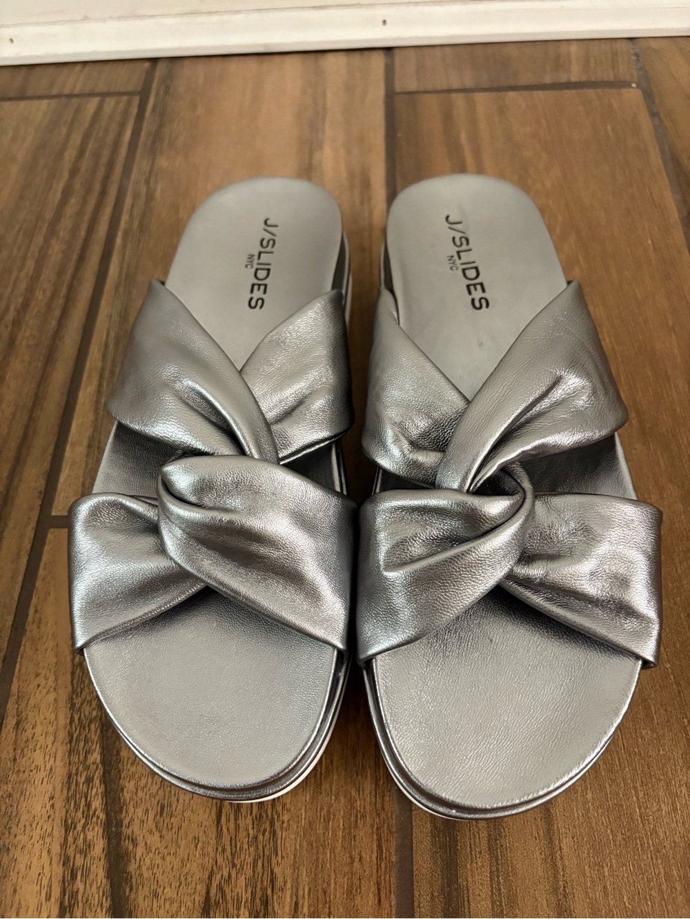 J/SLIDES Metallic Silver Knot Slide Sandals